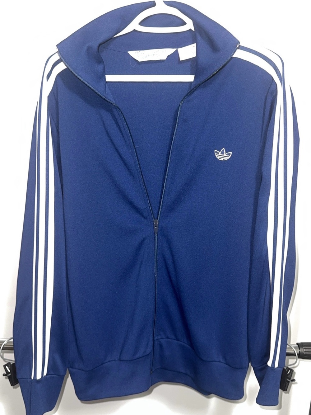 Vintage 1988 Adidas Trefoil Nylon Track Jacket w/ Blue White Pin Stripes